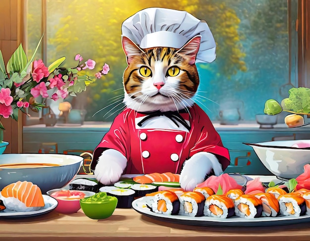 Photo illustration of a tabby cat chef cooking sushi roll in the kitchen