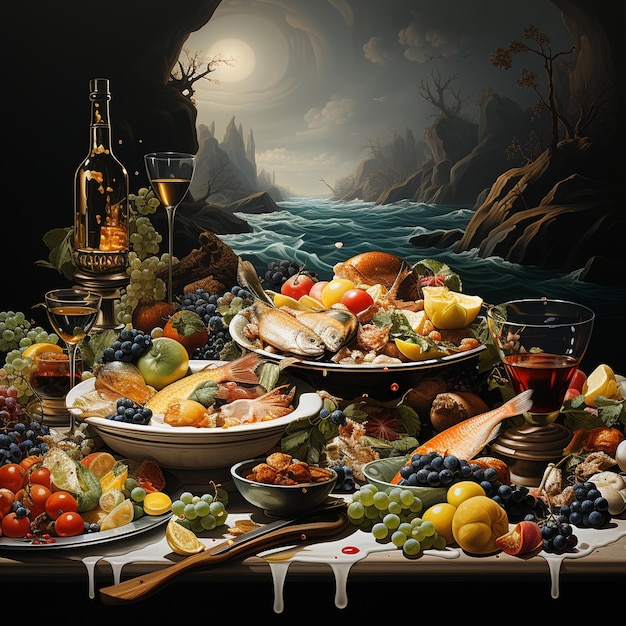 바다 를 배경 으로 한 음식 과 포도주 로 가득 찬 테이블 의 일러스트레이션