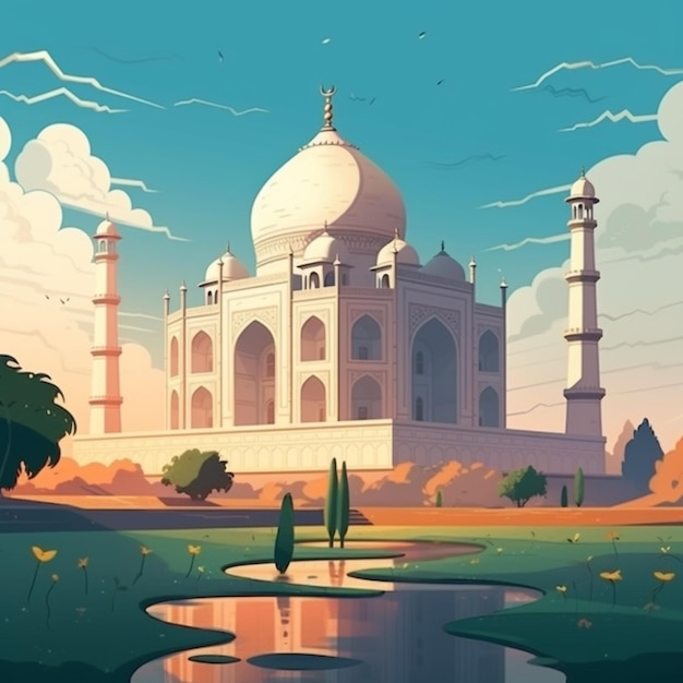 Photo illustration of a taj mahal in india with a pond and trees generative ai