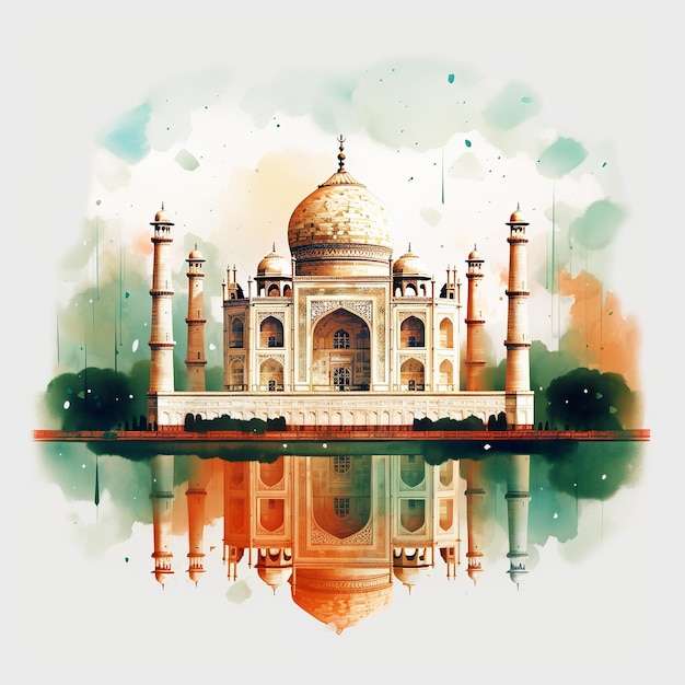 illustration of taj mahal watercolor style orange and green color