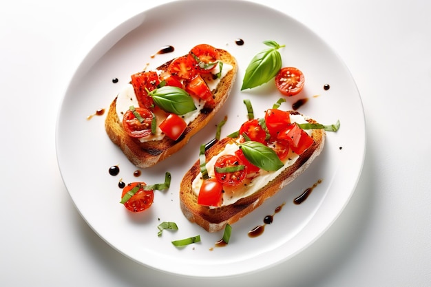 Illustration of tasty bruschetta with mozzarella cheese tomatoes and basil Generative AI