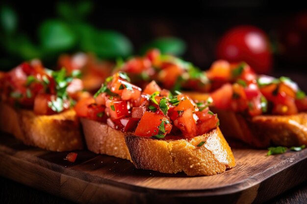 Illustration of tasty bruschetta with tomatoes and basil Generative AI