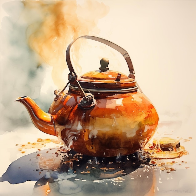 Иллюстрация кипящего чайника акварелью