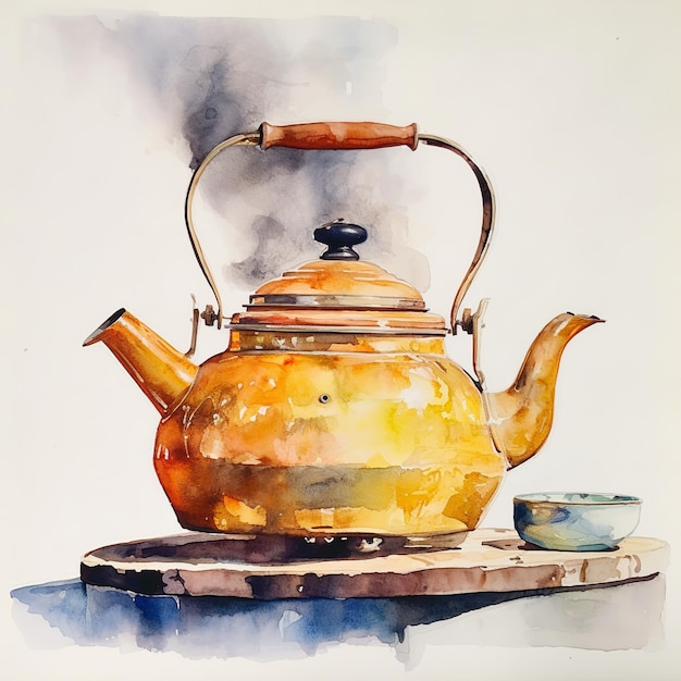 illustration of tea kettle boiling watercolor