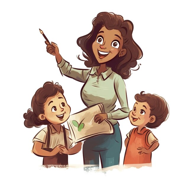 Illustration of a teacher helping young students