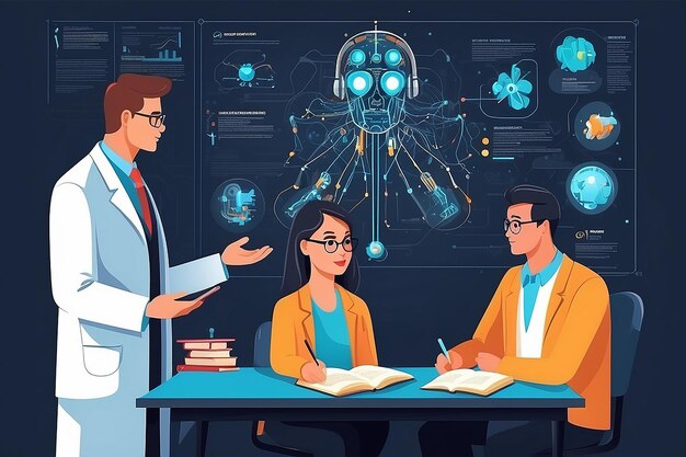 an illustration of a teacher and students discussing the implications of artificial intelligence in science vector illustration in flat style