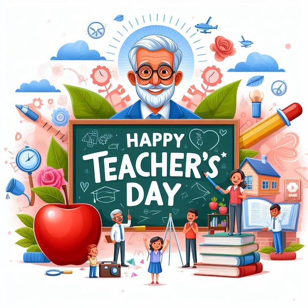 illustration of a teacher and students in the with the text happy teachers day