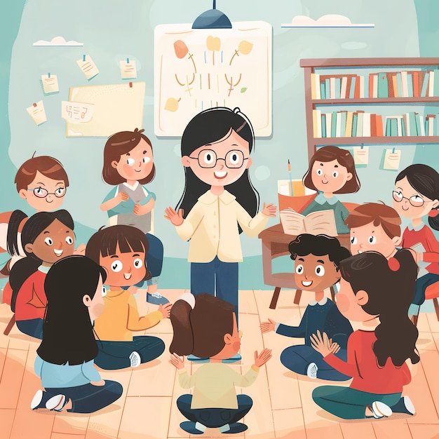 Photo illustration of teacher with student on classroom