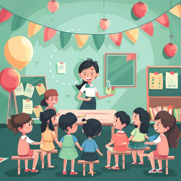 illustration of teacher with student on classroom