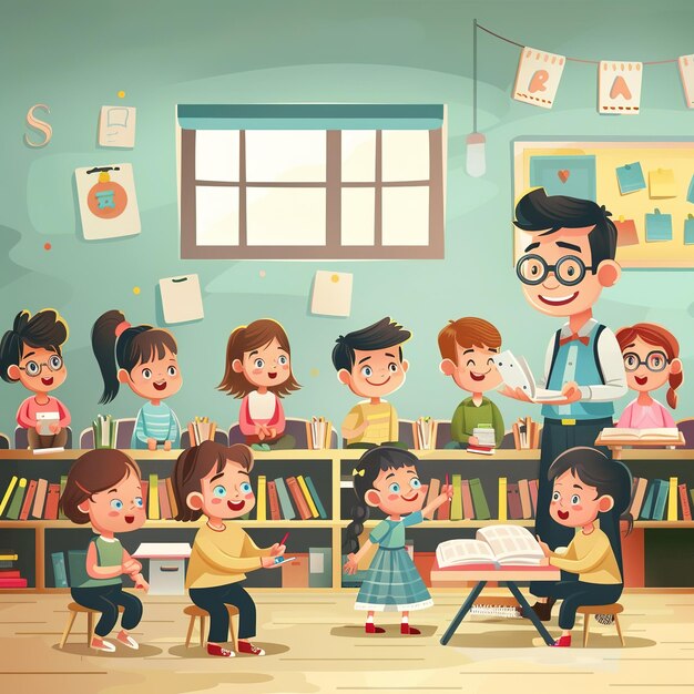 Photo illustration of teacher with student on classroom