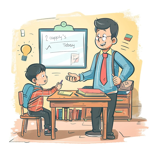 illustration of teacher with student on classroom