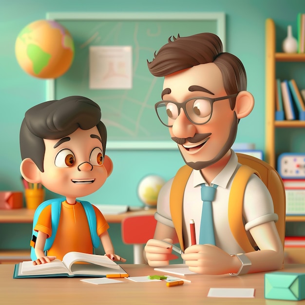 illustration of teacher with student on classroom