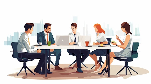 Illustration of teamwork meeting business people in office workplace Collaboration technology and workers men or employees planning sales research or financial strategy in company