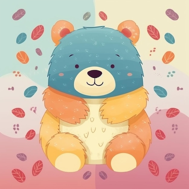 Photo illustration of a teddy bear sitting on a bed with leaves flying around generative ai