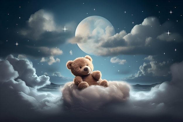 Illustration of a teddy bear sleeping on a cloud Generative AI 1