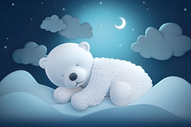 Illustration of a teddy bear sleeping on a cloud Generative AI 1