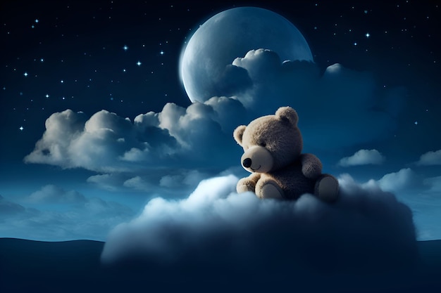 Illustration of a teddy bear sleeping on a cloud Generative AI 2