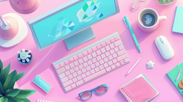 An illustration of a teen girl39s workplace with pink desk keyboard mouse fluffy notebook eyeglasses coffee and cookies green plant and a green plant Freelance designers39 work space