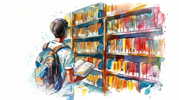 illustration of a teen searching school library shelves for a research book in ink and watercolor on