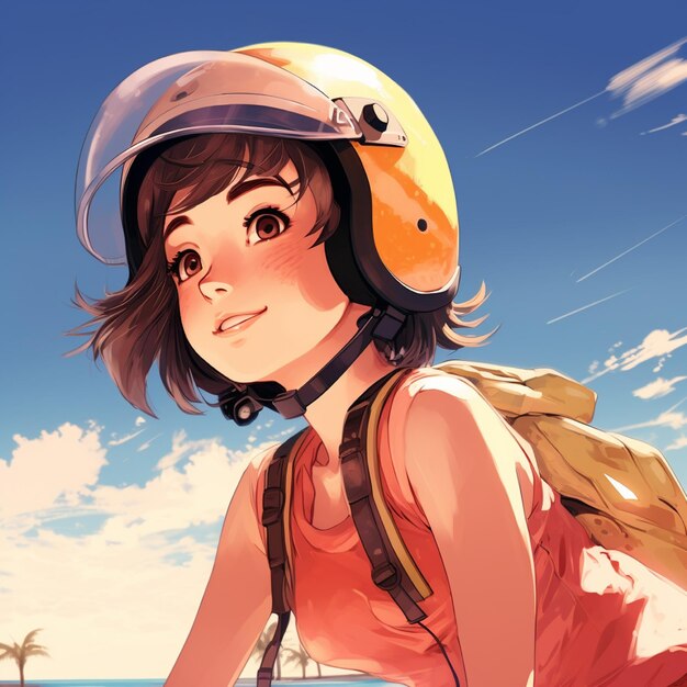 Illustration of teenage woman riding a scooter and helmet on the road near the beach with sunlight