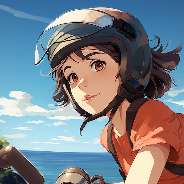 Illustration of teenage woman riding a scooter and helmet on the road near the beach with sunlight