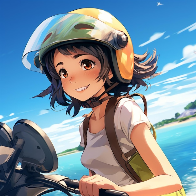 Illustration of teenage woman riding a scooter and helmet on the road near the beach with sunlight
