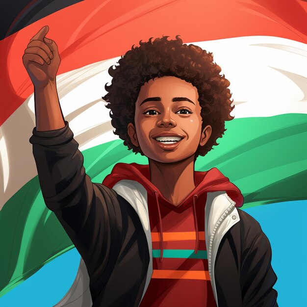 Photo illustration of teenager and palestinian flag isolated on background