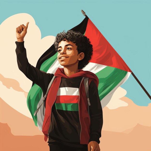 Illustration of teenager and Palestinian flag isolated on background