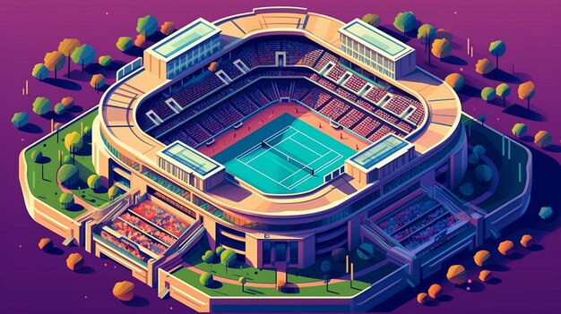 An illustration of a tennis stadium with a blue roof and a green lawn.