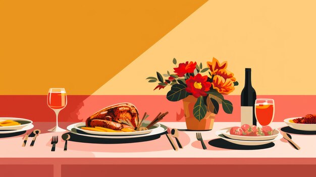 An illustration of a thanksgiving dinner table