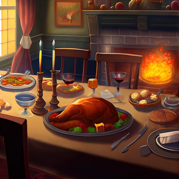 Illustration of a thanksgiving dinner