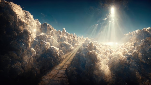 Illustration on the theme of the reincarnation of the soul the
road to heaven among the clouds