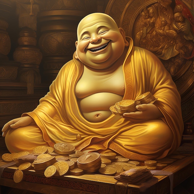 illustration of In this fictional magical realm a smiling Buddha