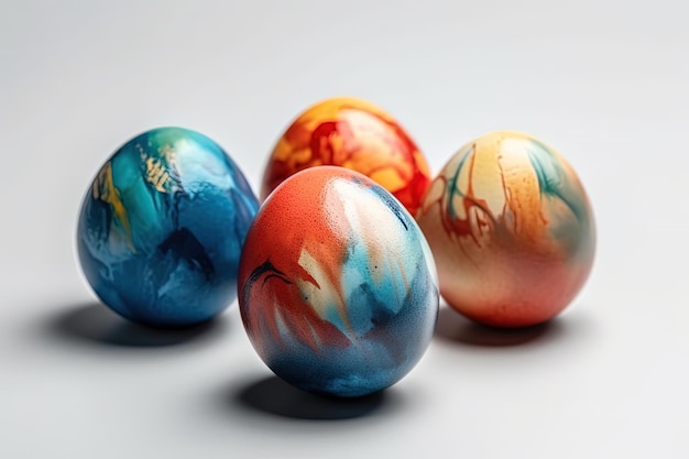 Illustration of three colorful Easter eggs side by side on a white background created with Generative AI technology