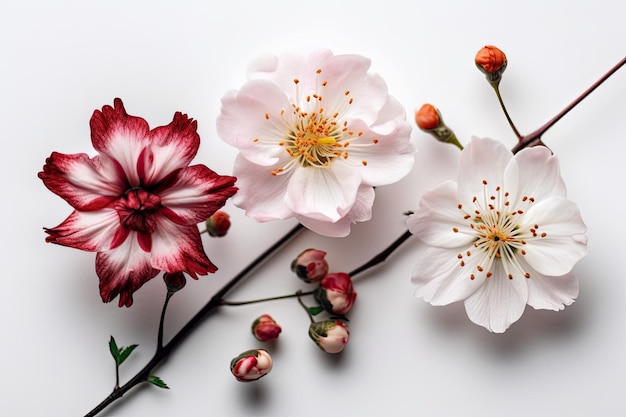 Illustration of three colorful flowers arranged on a white background Generative AI