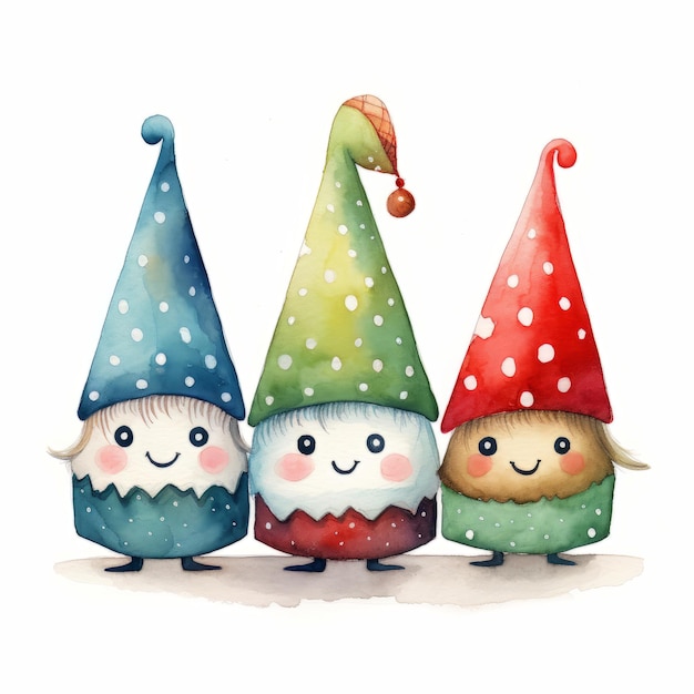 Illustration of three cute gnomes on white background watercolor