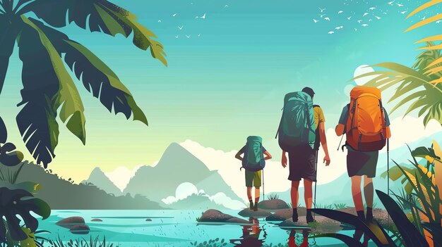 Photo an illustration of three people hiking in a jungle carrying backpacks