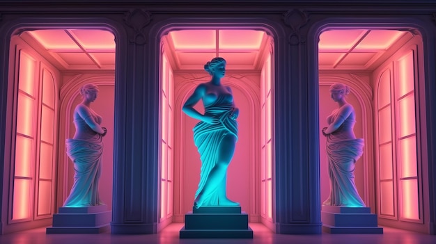 Illustration of three statues of women in a museum room with neon lights