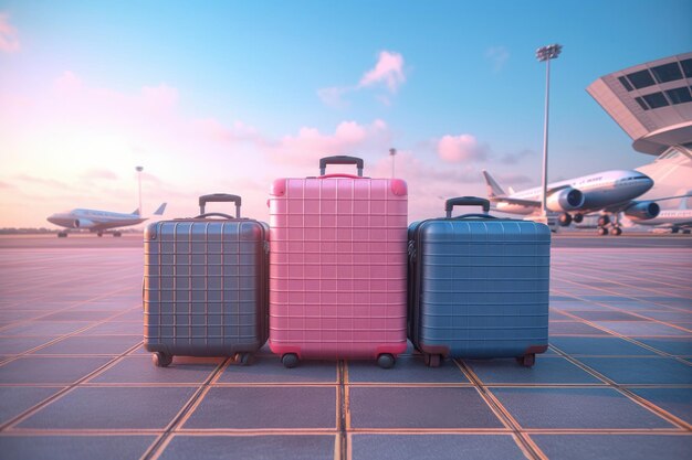 Illustration of three suitcases on an airport tarmac waiting to be loaded onto a plane Generative AI