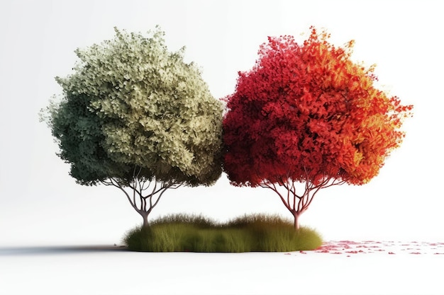 Photo illustration of three trees with vibrant colored leaves on a blank white background generative ai