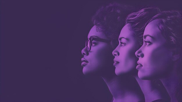 Illustration of three women on purple background claiming womens rights Woman power