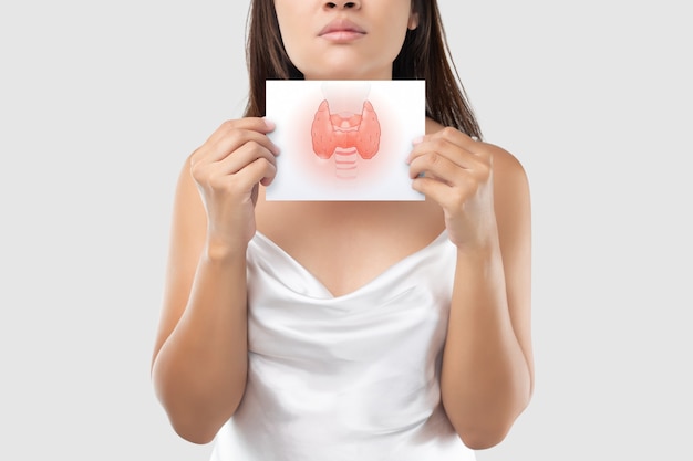 Illustration of the thyroid in the white paper is on the woman's neck.