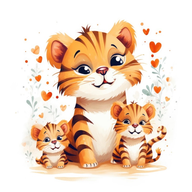 Illustration of a tiger family with flowers on a white background