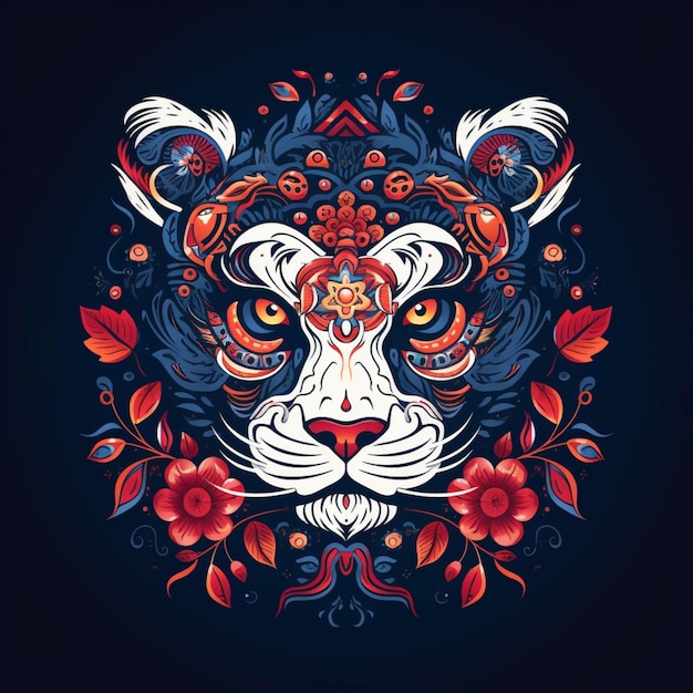иллюстрация головы тигра с замысловатым орнаментом из декоративных цветов