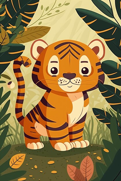 Illustration of a tiger in the jungle with leaves and plants generative ai