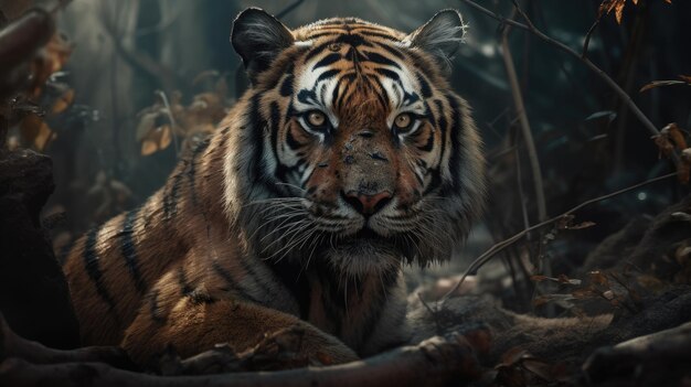 Illustration of a tiger in the middle of the forest