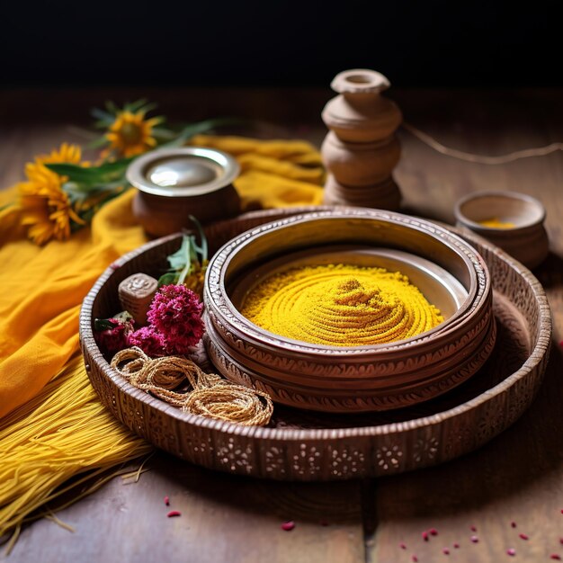 Photo illustration of til gul and kite spool with haldi kumkum for makar