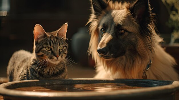 Illustration of the togetherness of dogs and cats