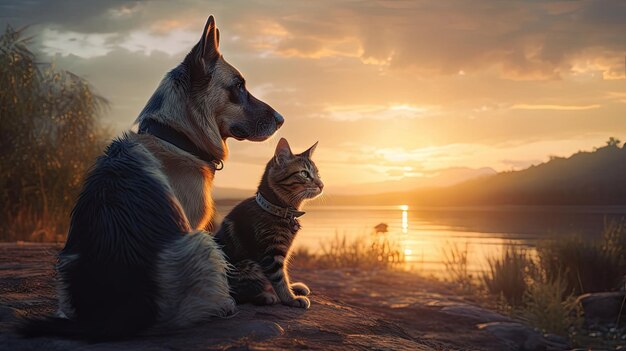 Illustration of the togetherness of dogs and cats