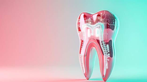 Illustration of a tooth with integrated circuitry on a twotone background copy space